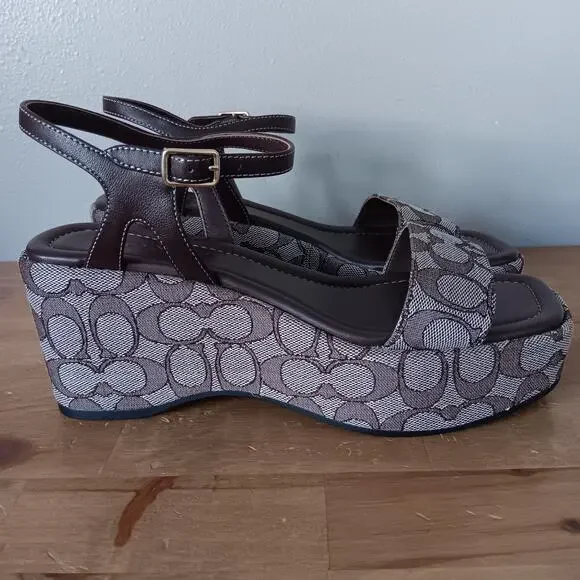 Coach Women Gale Wedge Sandal In Maple Signature Jacquard Platform Size 8.5 B - Picture 3 of 13